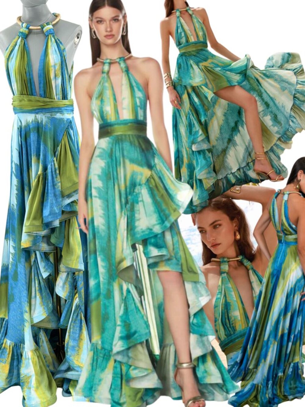 🆕 BRONX & BANCO 🧿 NWOT Palma Coastal Ruffle Hi-Low Gown, Blue Green, Sz M US 6